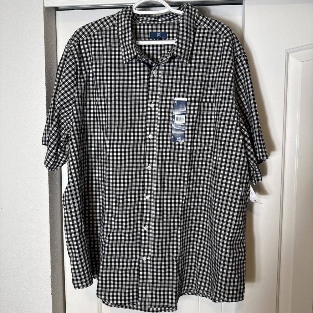 George Men's 3XL Button Up Shirt Short Sleeve Poplin Black Gingham Check NEW
